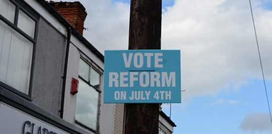 A Reform UK campaign poster in the Kingston upon Hull East constituency on the day of the 2024 United Kingdom general election.