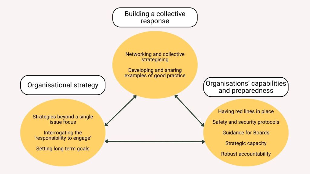 Diagram showing how the recommendations split into organisational strategy, collective response and organisational capabilities and preparedness
